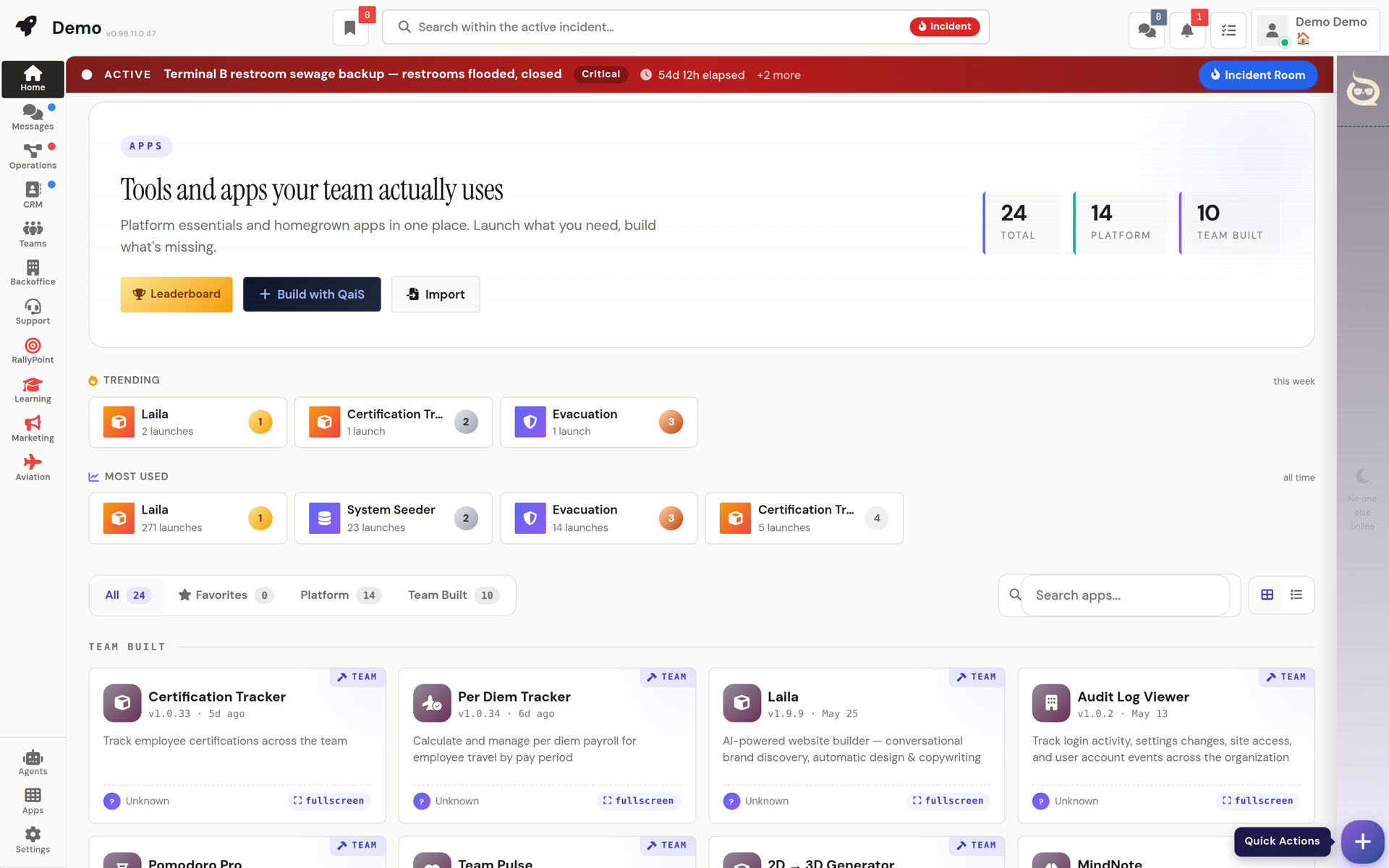 The QRM apps directory with team-built apps and Build with QaiS