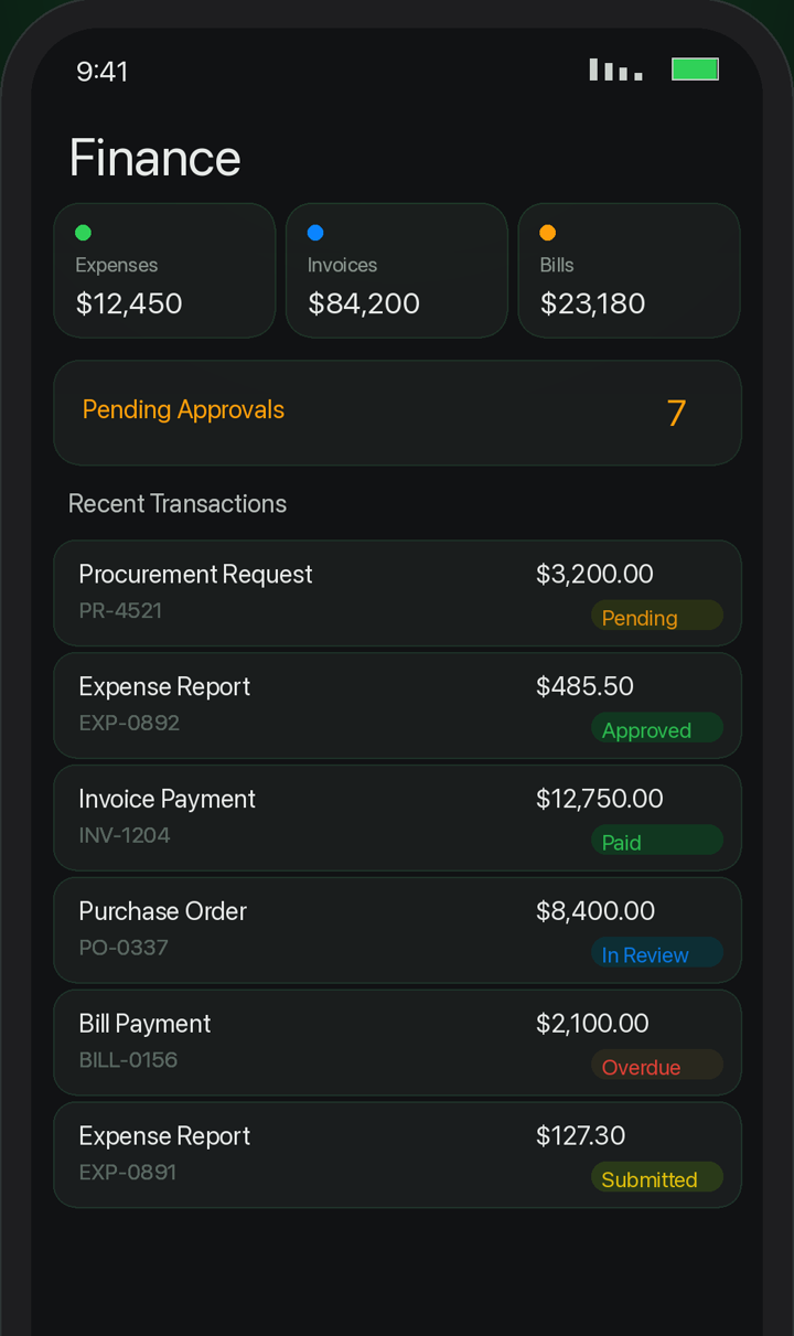 QRM finance on mobile: invoices, bills, expenses, and pending approvals