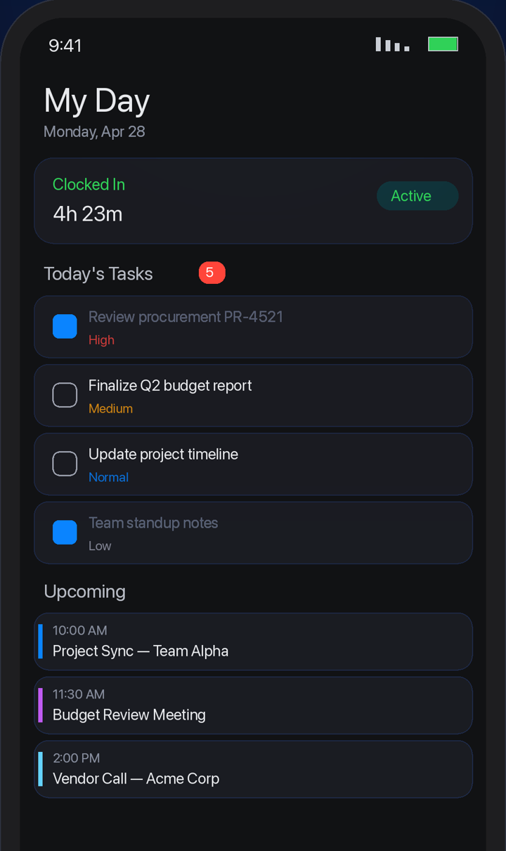The QRM mobile app showing the My Day screen