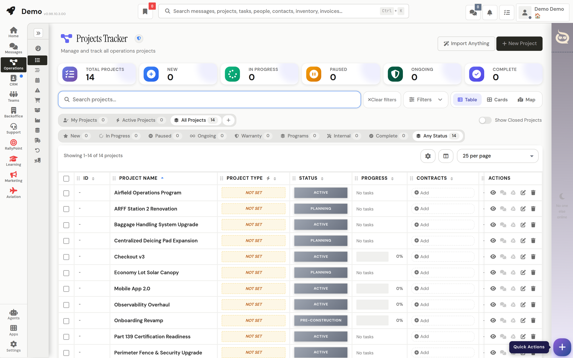 A QRM workspace tracking fourteen live operations projects