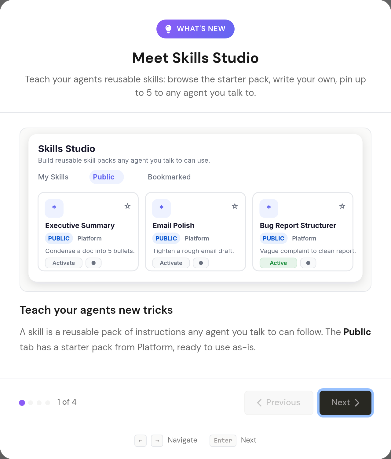 Skills Studio with reusable skill packs like Executive Summary and Email Polish