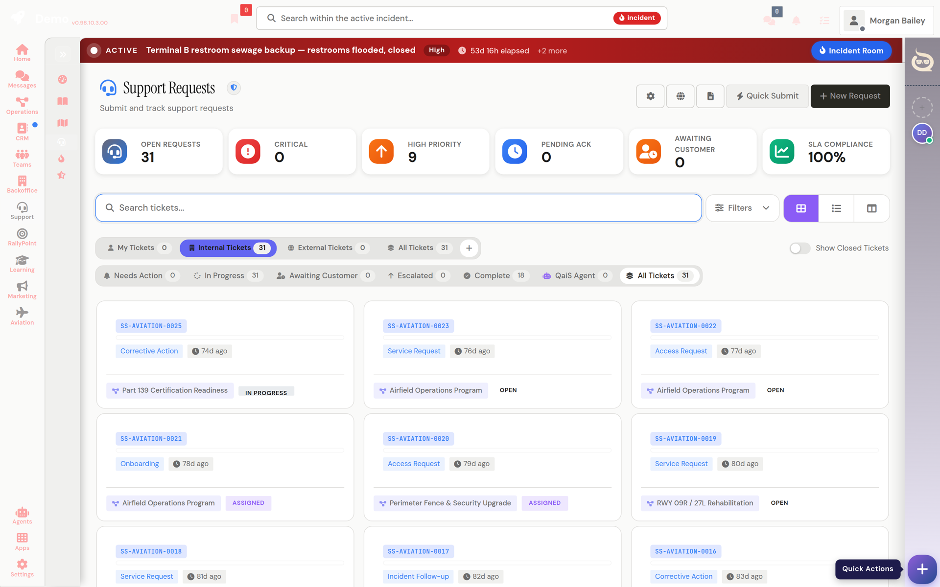 QRM support requests with service metrics and a live incident banner